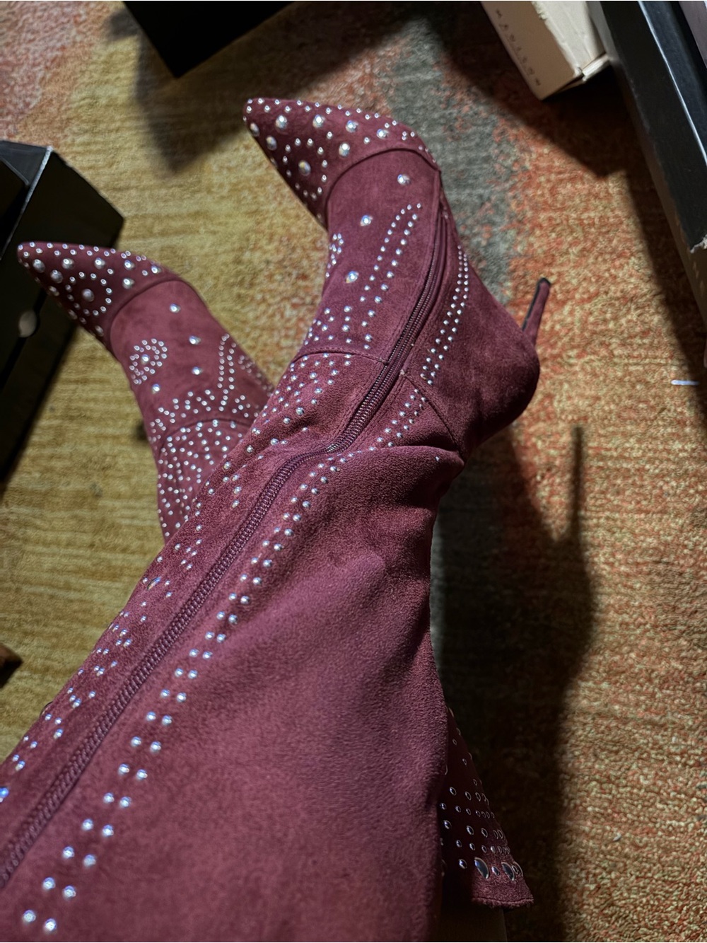 Burgundy Suede Knee-High Boots with Crystal Studs - Picture 2 of 5